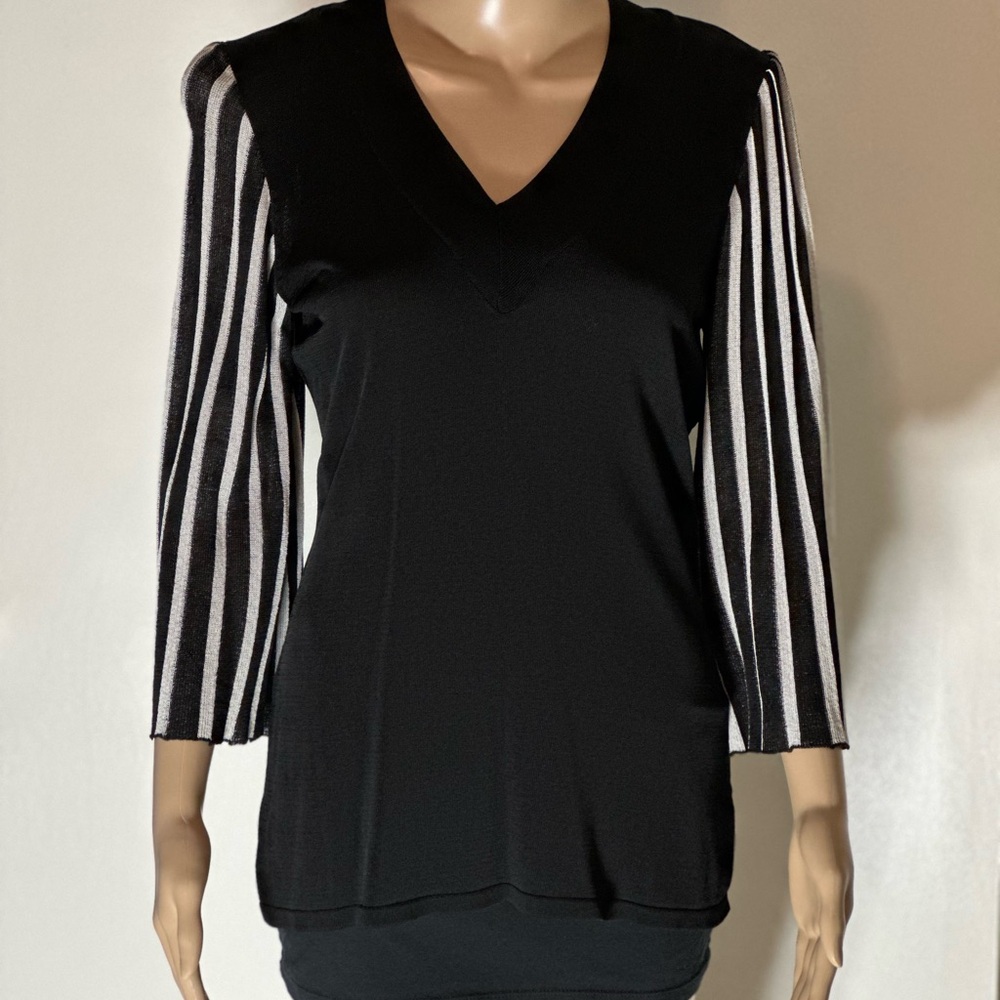 Caprice Black Top with Striped Sleeves